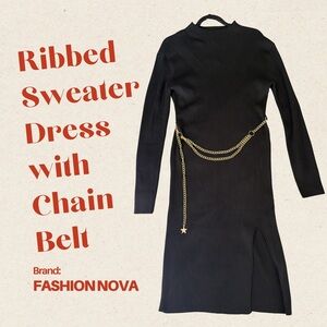 Fashion Nova Black Long Sleeve Dress with Gold Chain